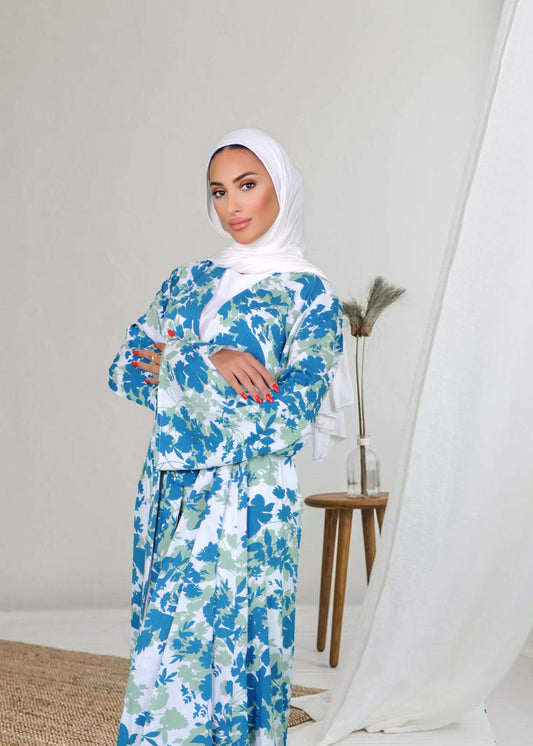 Teal Green Prints Versatile Modest Three-Piece Set